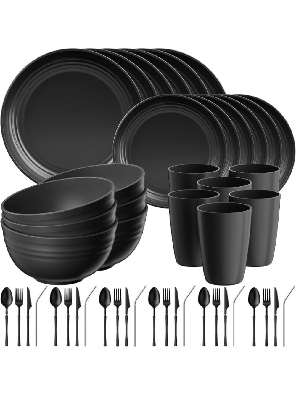 48-Piece Black Plastic Dinnerware Set for 6 - Plates & Bowls, Durable & Stylish